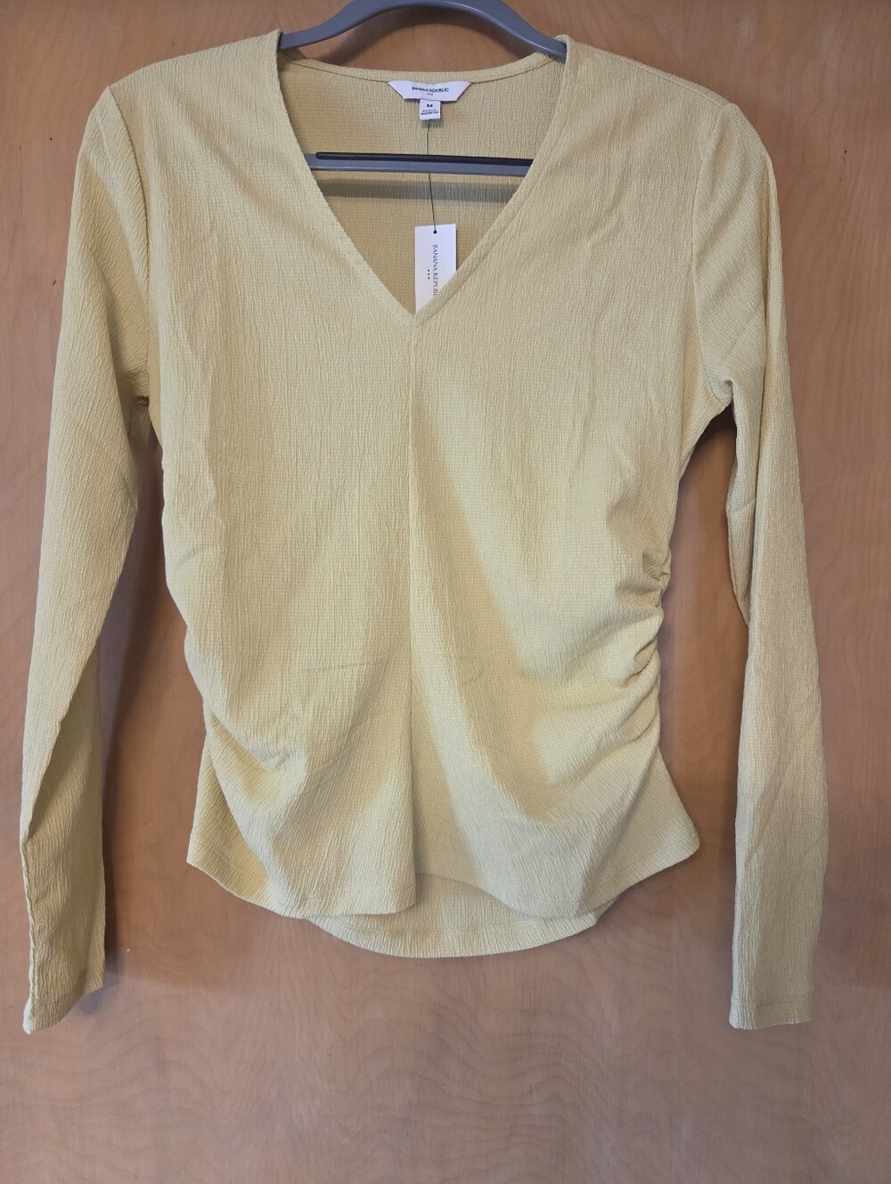 Banana Republic Light Olive V-Neck Ruched Long Sleeve Top
